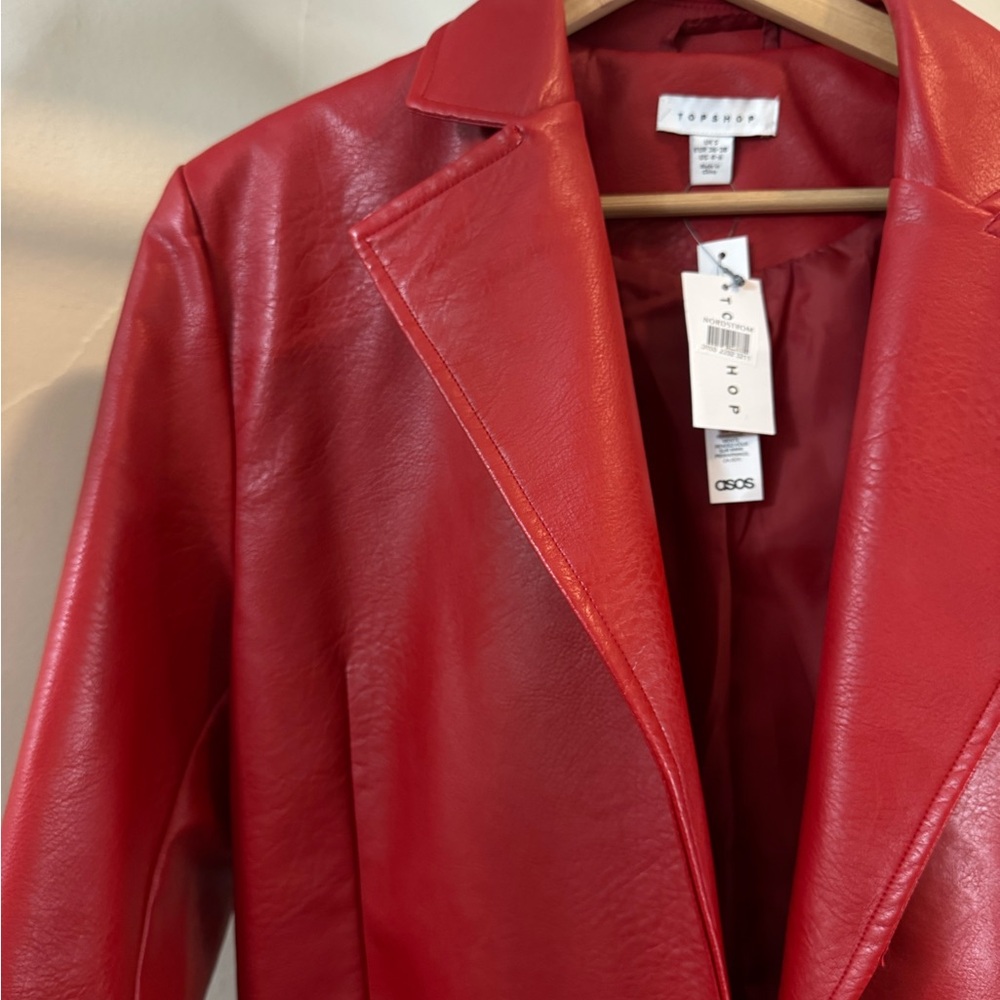 Topshop Faux Red Leather Trench Coat - Picture 2 of 3